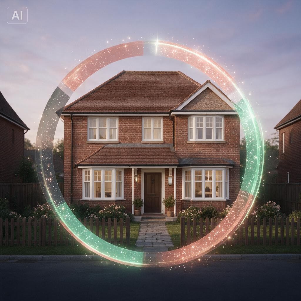 A brick family home at dusk, encircled by a glowing halo